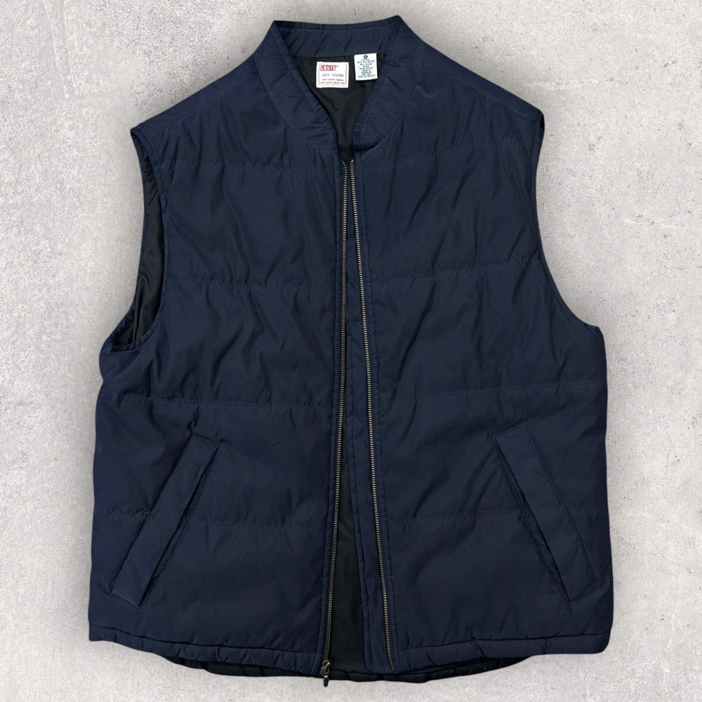 Vtg Levis Puffer Vest Mens Large Navy Blue‎ Full Zip Quilted Mock Neck Dry Goods
